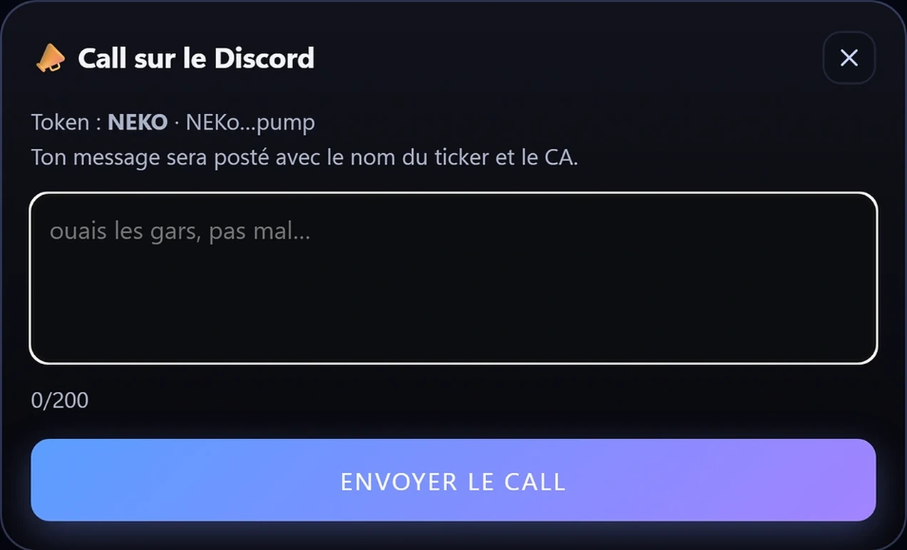 Fenêtre Call de l’extension
